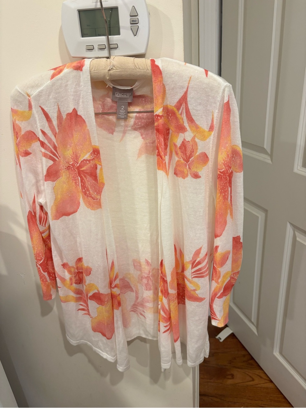 Chico's White Light Weight Cardigan with Orange and Pink Floral Print